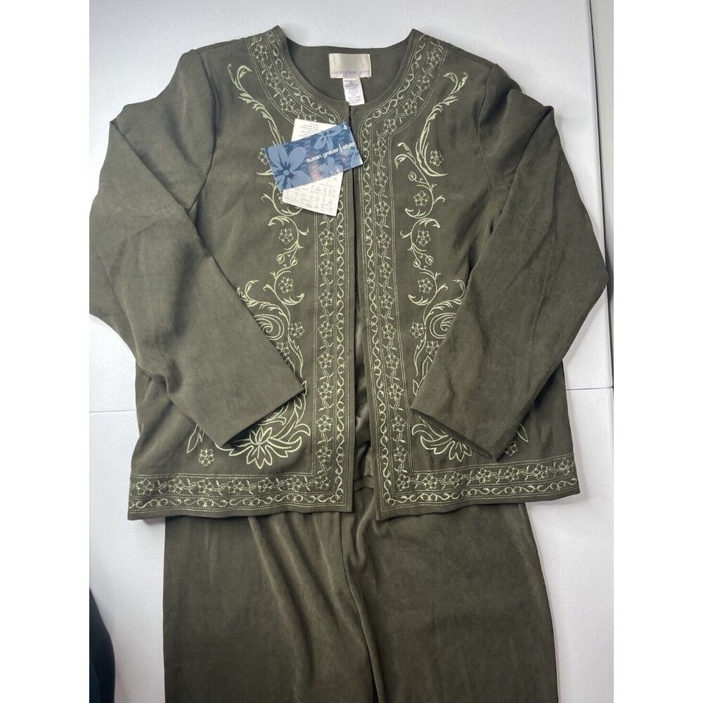 SUSAN GRAVER STYLE Embroidered‎ Open Hook/Eye Front Green Jacket XL W/ Pants